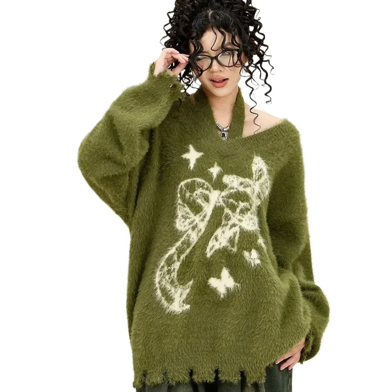 

Bow Neck Sweater for Women 2026 Autumn/Winter New Fashion Loose American Style High Street Laid-back Loose Knitted Pullover