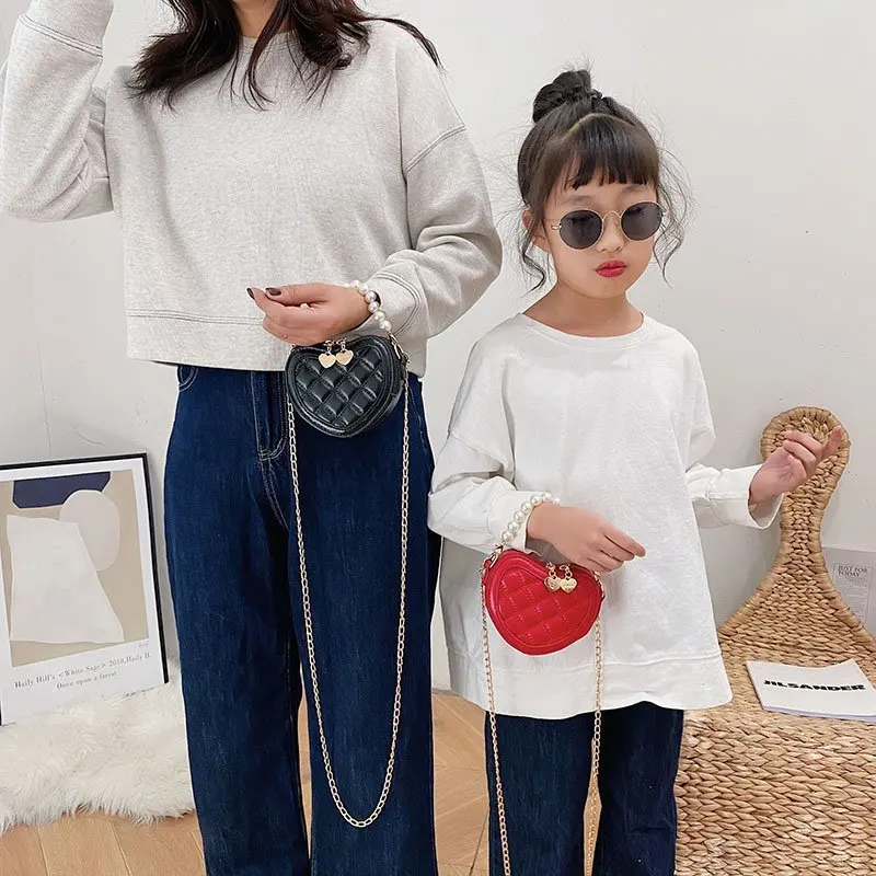 Children Love Mini Pearl Bag Girl Fashion Princess Coin Shoulder Bag Cute Heart Shape Kids PU Handbag Chain Bags KBG056