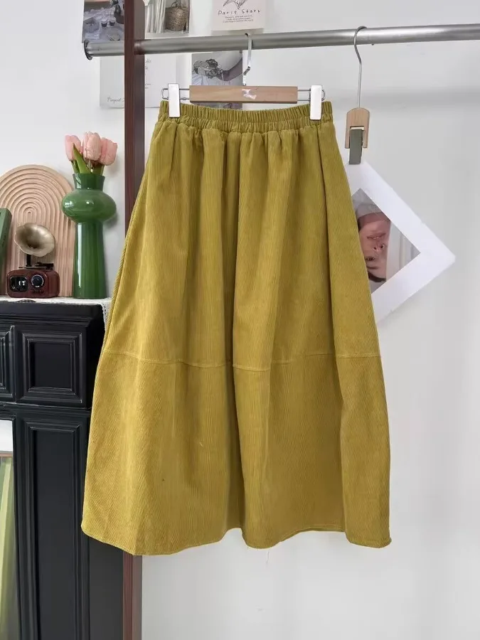 

High Waist Corduroy Midi Skirt Women's Retro Thiened A-Line Skirt Autumn Winter Loose Waist Umbrella Skirt Ele