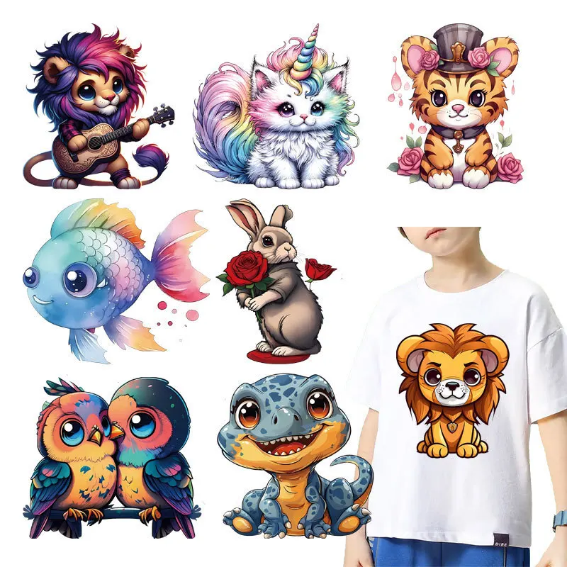 Dolphin Lion Cartoon Iron on Patches For Clothing DIY Heat Transfer T shirt Applique For Cat Thermal Sticker Iron On Patches