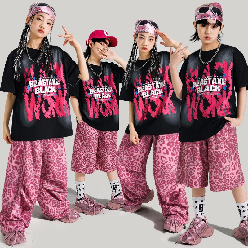 

Свободная футболка K-pop для девочек, розовые джинсовые брюки для уличных танцев, уличная одежда для мальчиков, розовые леопардовые детские милые костюмы, комплекты детской джазовой одежды