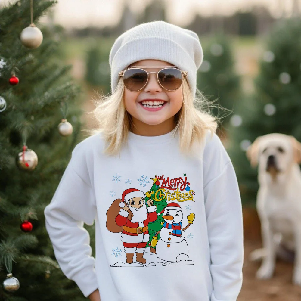 Merry Christmas Santa Snowman Print Sweatshirt Kids Christmas Party Outfit Streetwear Winter Warm Hoodie Child Pullover Clothes