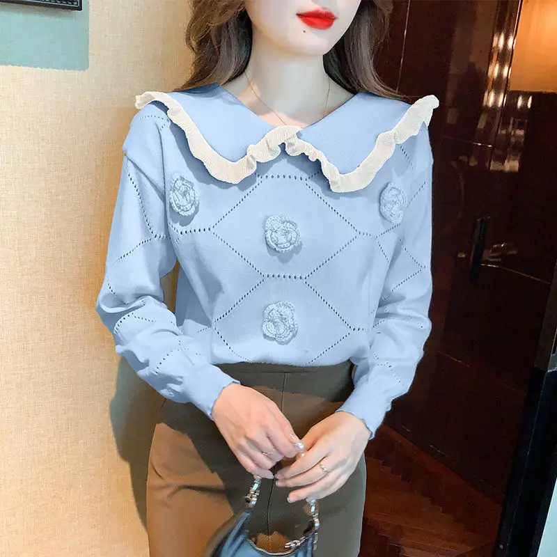 3D Flower Kawaii Sweet Hollow Chic Peter Pan Collar Knitted Sweaters Women Spring Autumn Loose Long Sleeve Pullover Tops Jumpers