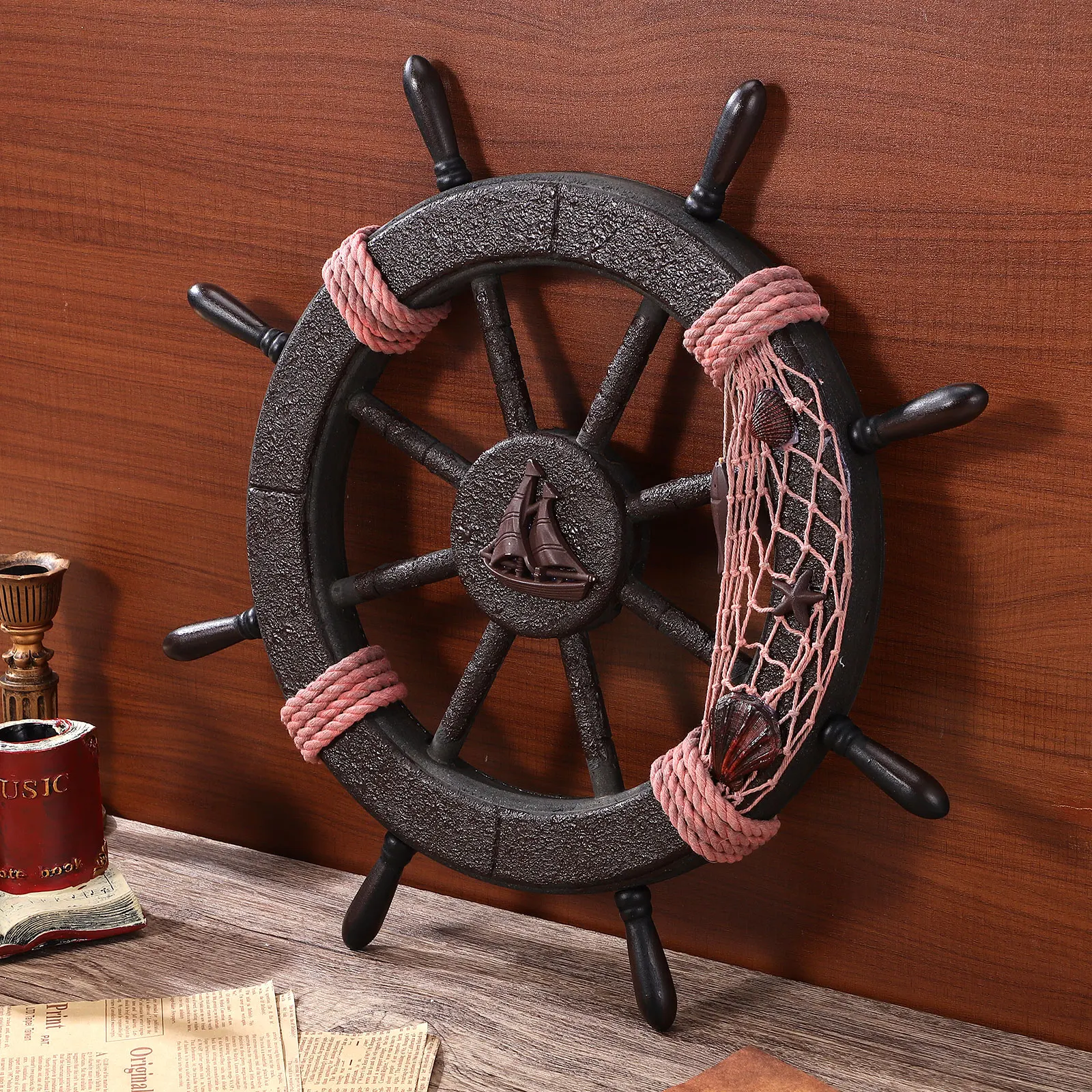 

Retro Decorative Rudder Wall Hanging Wooden Pendant Sailor Boat Steering Ship Wheel Blue White Atmosphere Artistic Nautical Home