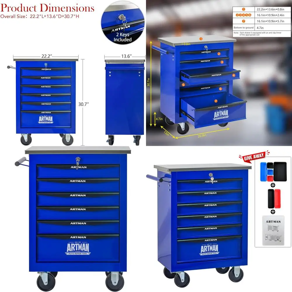 

Шкаф для хранения инструментов с 6 ящиками — сверхпрочный металлический комод для гаража, мастерской, склада — нержавеющая сталь, черный и синий