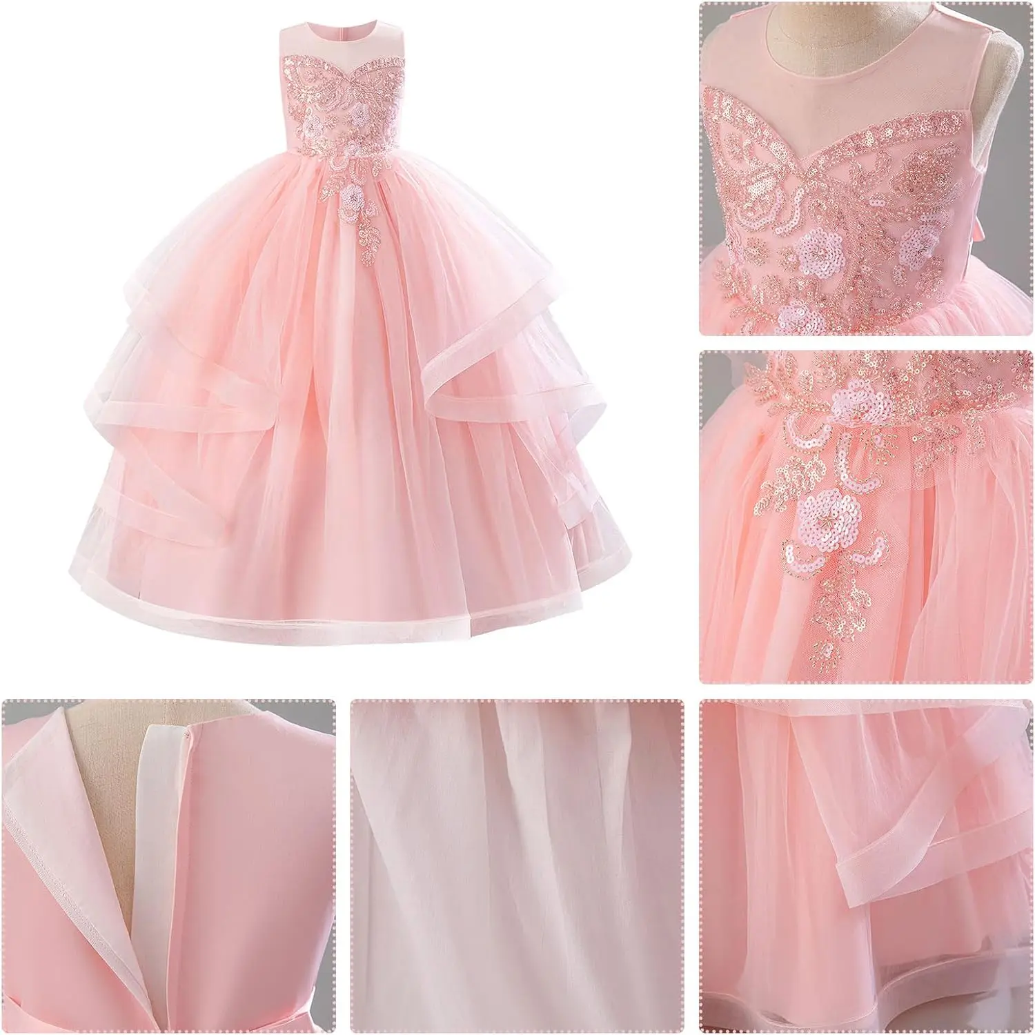 فستان فتاة الزهور المتلألئة من الدانتيل والشيفون فستان حفلة عيد ميلاد الأميرة للأطفال وحفلات التخرج ومهرجانات التجميل #6