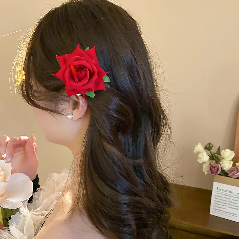 Fabric Red Rose Flower Duckbill Hair Clips for Women Brooches Dual Use Sweet Fringe Clip Spring Summer Holiday Accessories