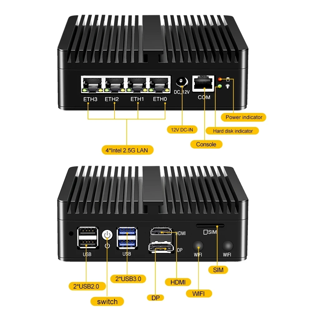 Fanless Industrial Mini Computer Celeron J5005 J6412 7305 Business Home Office Mini Desktop 4xI226 Lan Firewall Network Server
