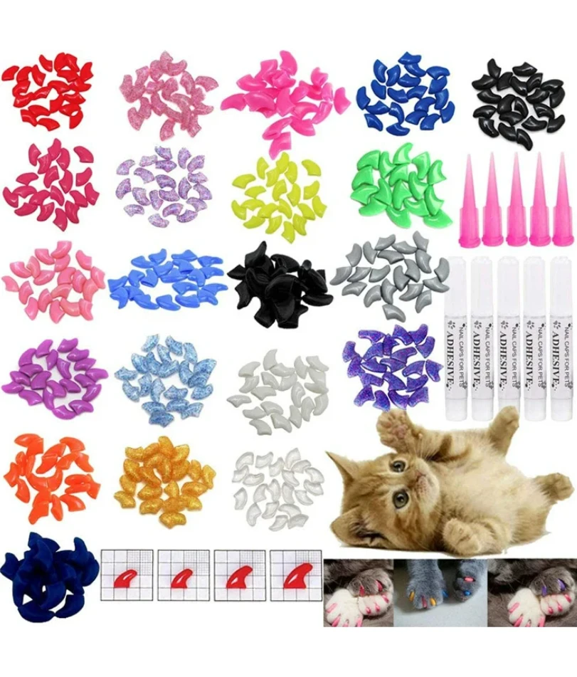 

Cat Nail Caps Pet Cat Soft Paws Nail Protector Cover With Free Adhesive Glue + Applicator 20pcs/lot for Kitten