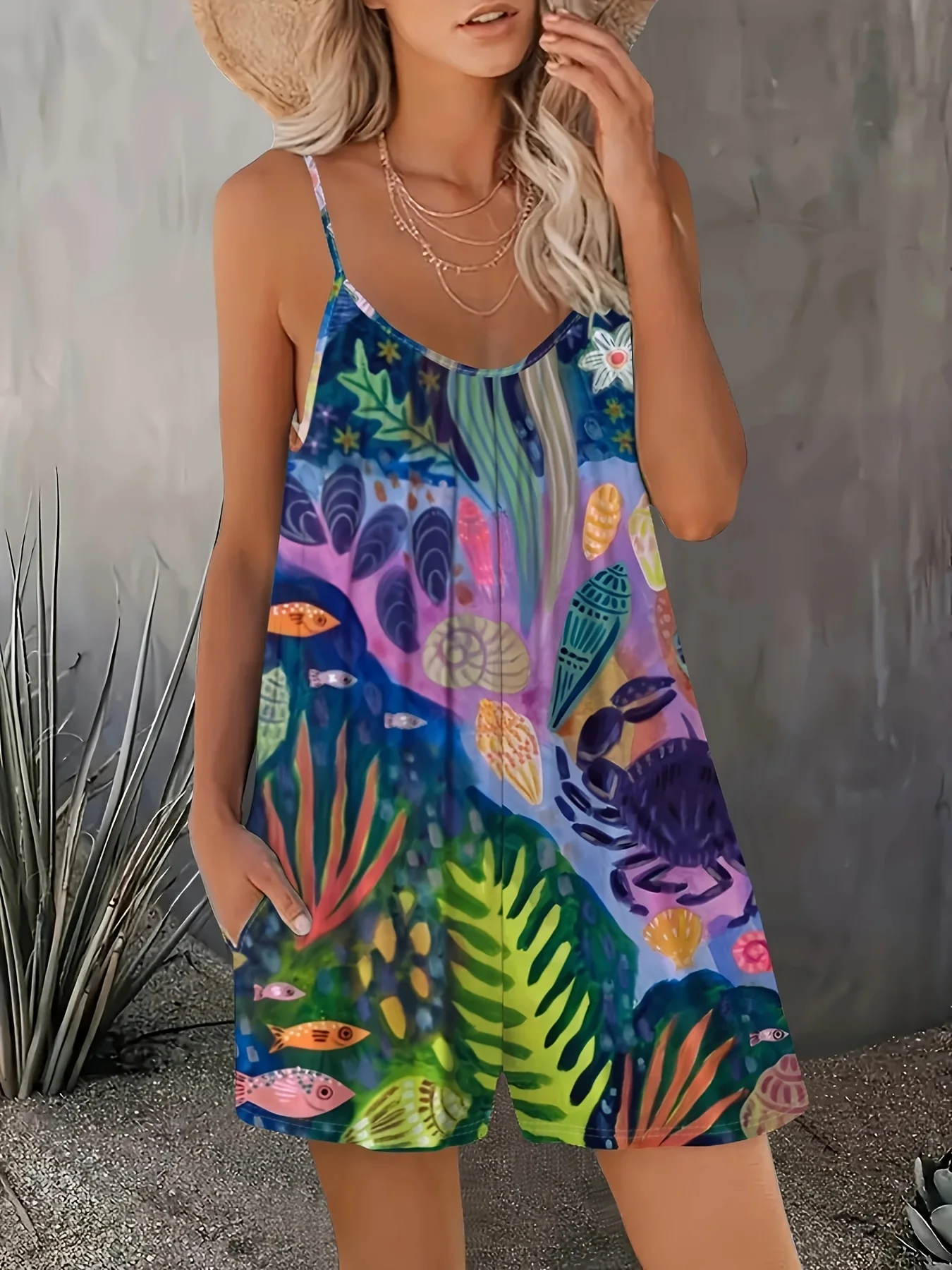 

Printed Design Women's Underwater Sea Life Print Spaghetti Strap Romper with Pockets