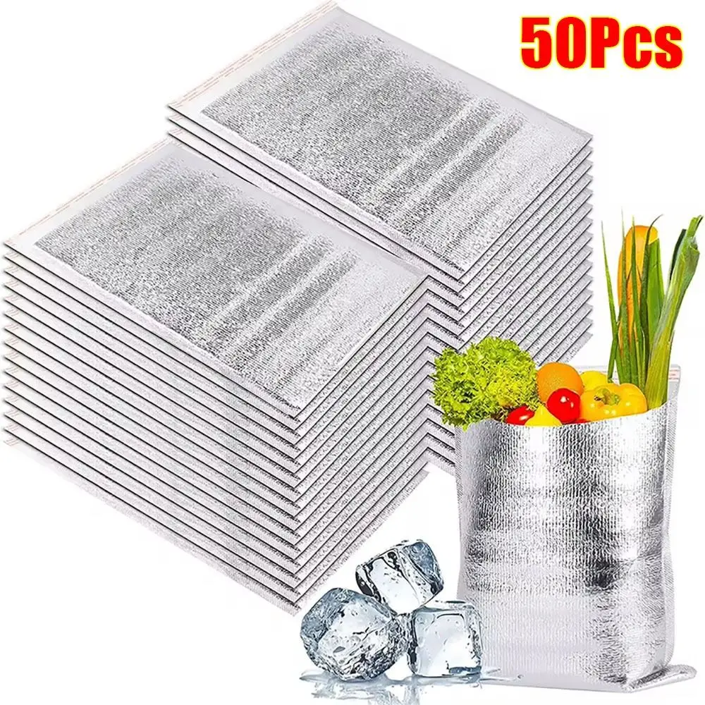 50Pcs/Pack Ice Cold Warm Aluminum Foil Bag Food Thermal Drink Storage Insulation Bag Delivery Carrier with Closure Cooler Bag