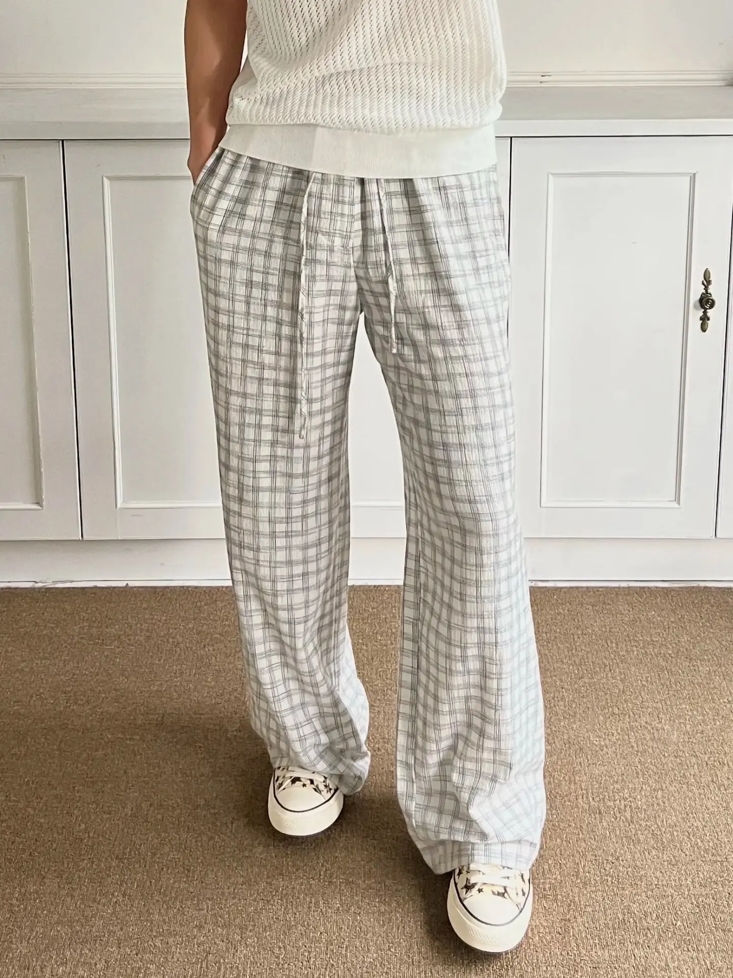 American Style A-Line Bubble Shirt Plaid Pants Men Summer Thin Breathable Loose Wide Leg Casual Pants CleanFit Straight Tube