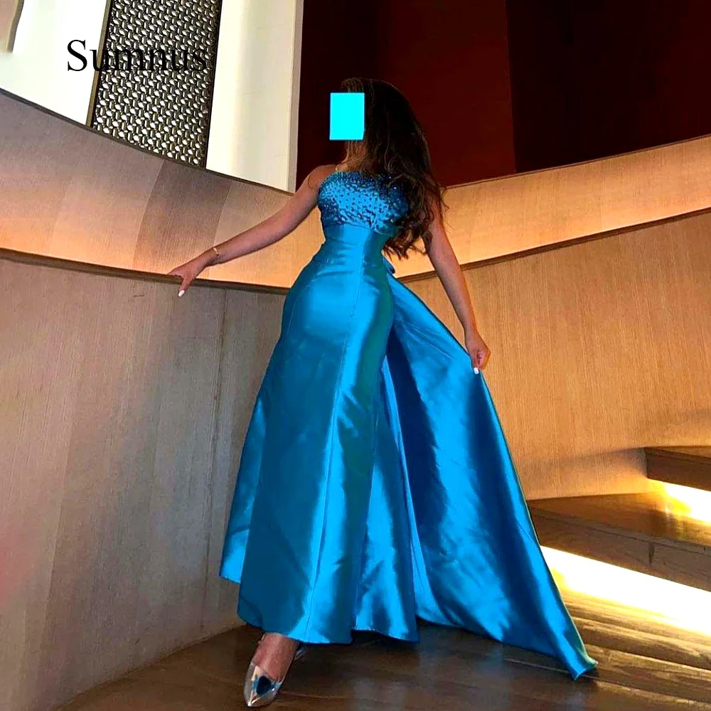 Sumnus azul cetim sereia vestidos de noite contas strapless andar comprimento com trem destacável dubai vestidos formais feitos sob encomenda