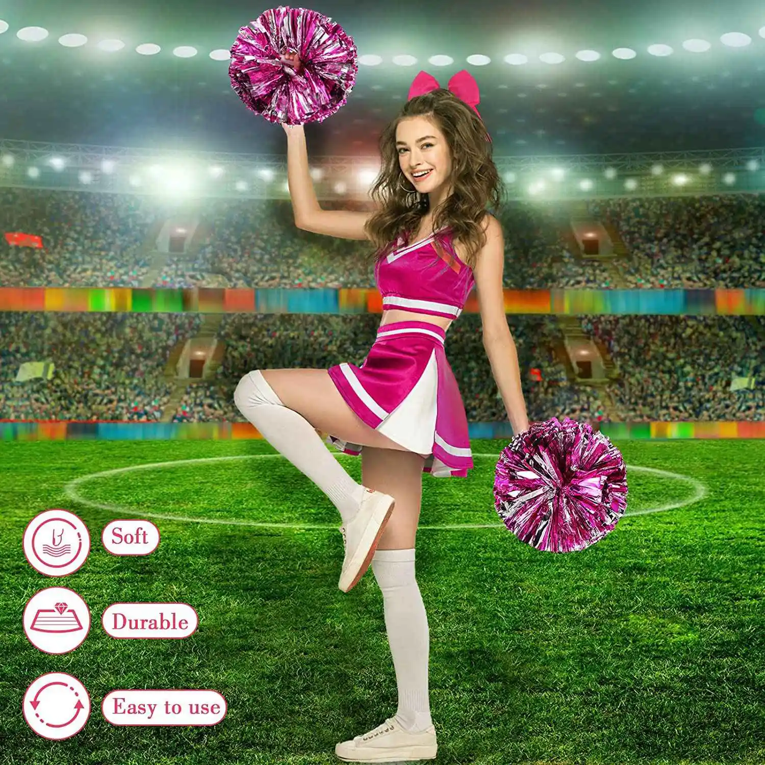 

AU-6 шт. 13-дюймовые помпоны для черлидинга и большой бант, подходят для черлидинга для девочек, металлические помпоны и ручки