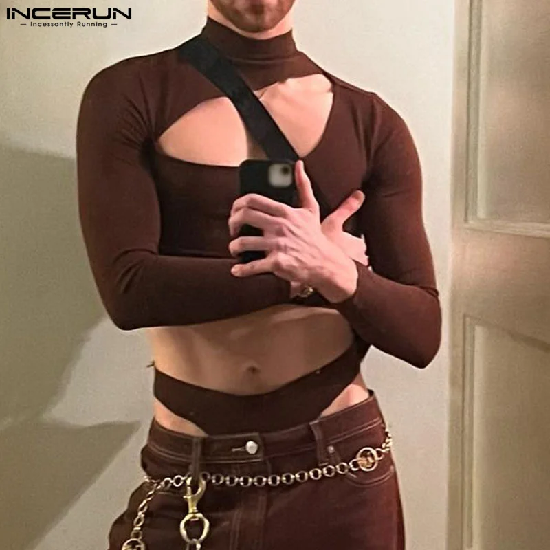 2024 Men Bodysuits Solid Color Hollow Out Turtleneck Long Sleeve Rompers Men Streetwear Sexy Fashion Male Bodysuit S-3XL INCERUN