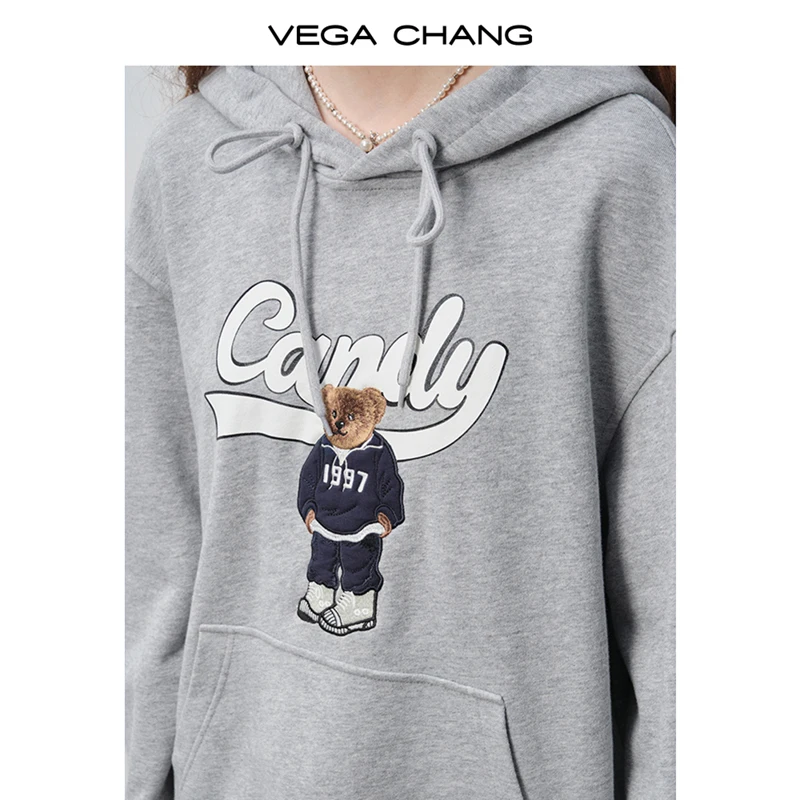 Vega Chang الخريف والشتاء المرأة الجديدة مقنعين البلوز الأمريكية الرجعية الدب طباعة العصرية بارد لطيف فضفاض الأعلى