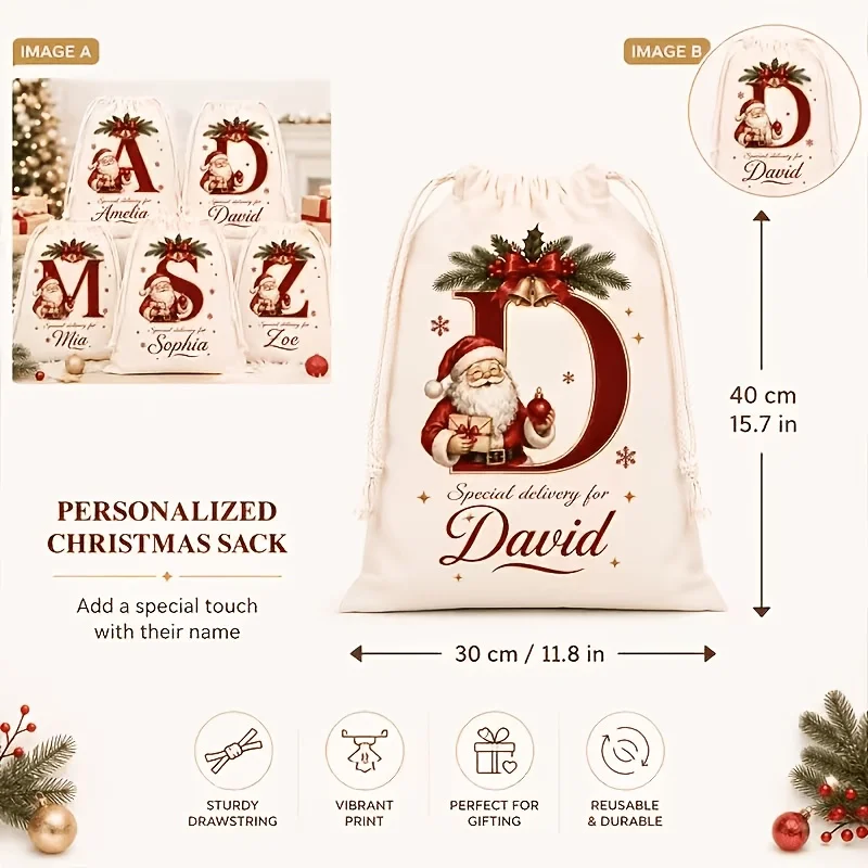 Personalized Custom 26Initial and Name Christmas Canvas Gift Bag Print Cotton Drawstring Bag Xmas Storage Pouch Holiday Gift Bag