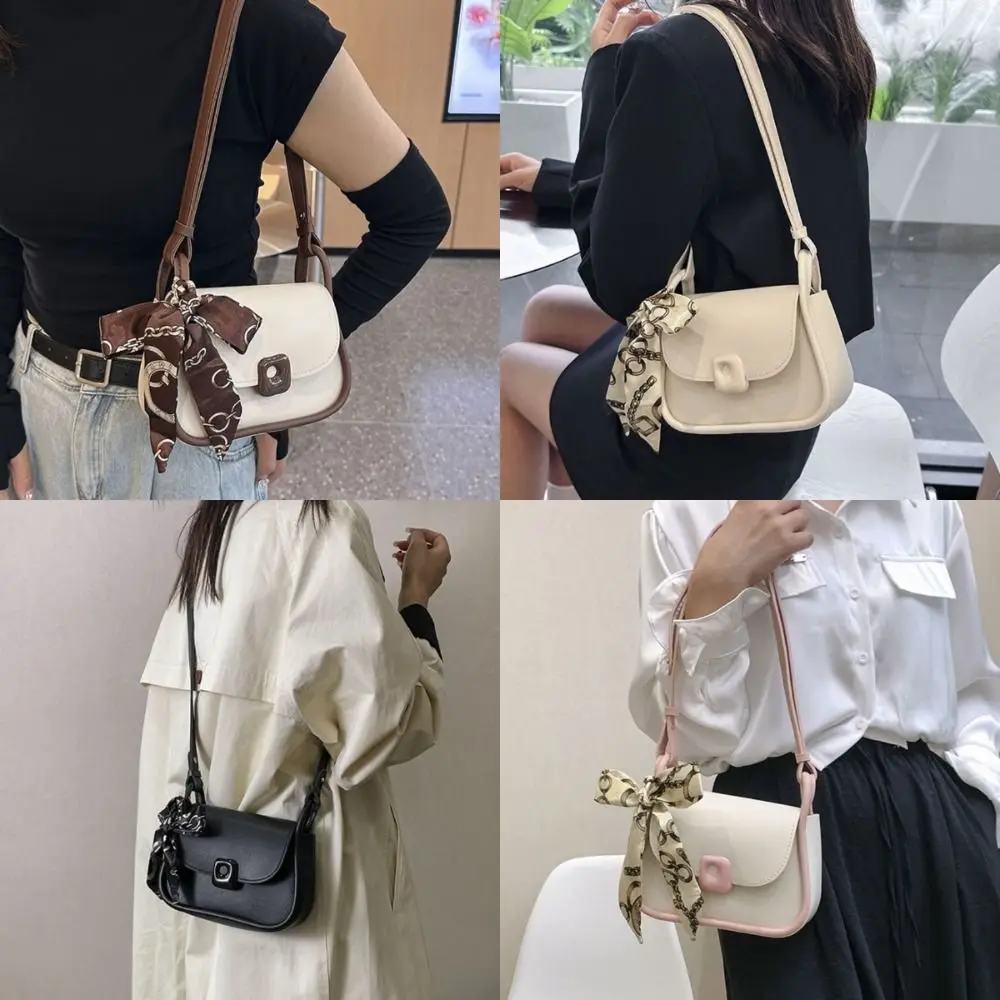 Retro Large Capacity Silk Scarf Crossbody Bag PU Contrasting Color Single Shoulder Bag Lightweight Saddle Bag Women's