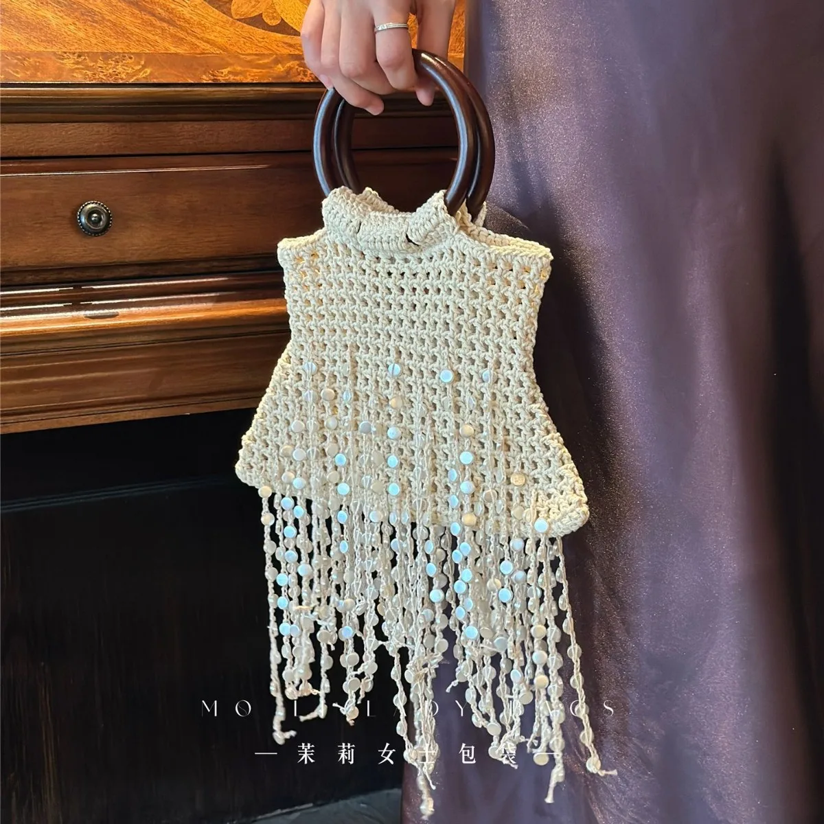 

Round Handle Women Handbag Beaded Tassel Clutch Bohemian Rope Crochet Beach Bags for Women Evening Bag NEW Wedding Mesh Purses