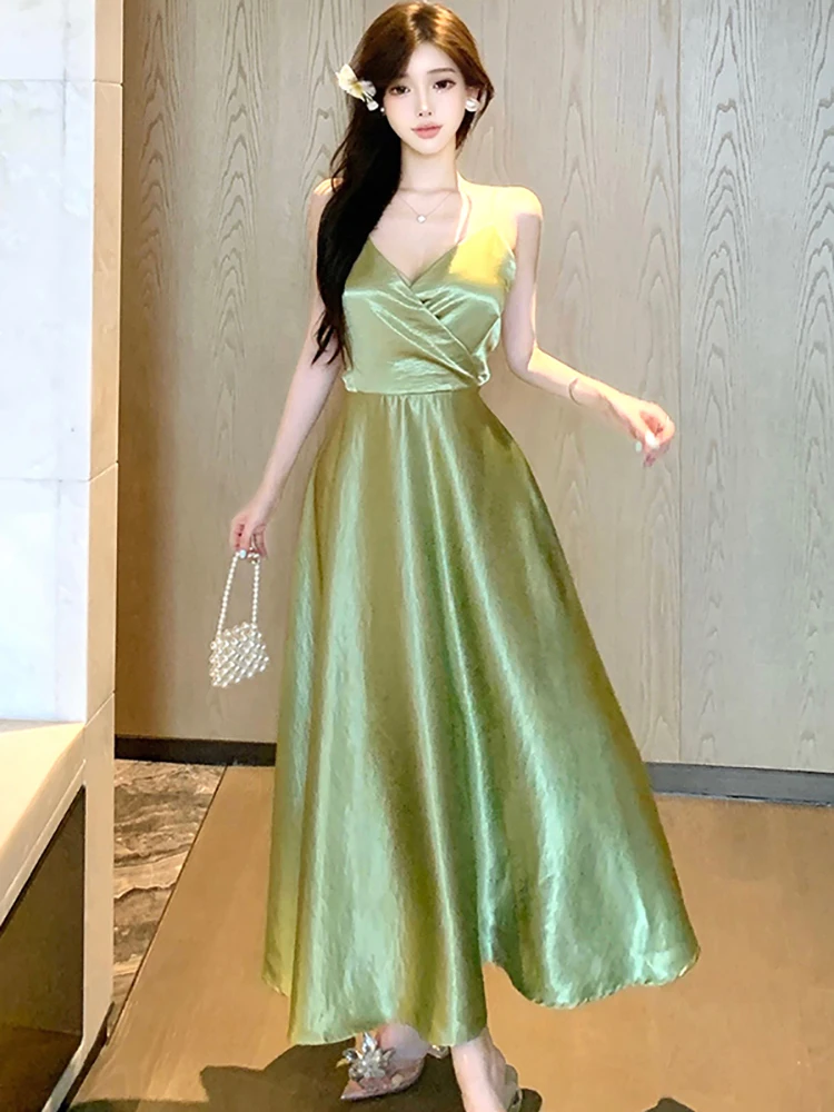 2025 الأخضر خلات الساتان الخامس الرقبة حبال فستان طويل المرأة شيك القوس عارية الذراعين فستان مثير الصيف الكورية أنيقة Bodycon فستان مناسبات #3