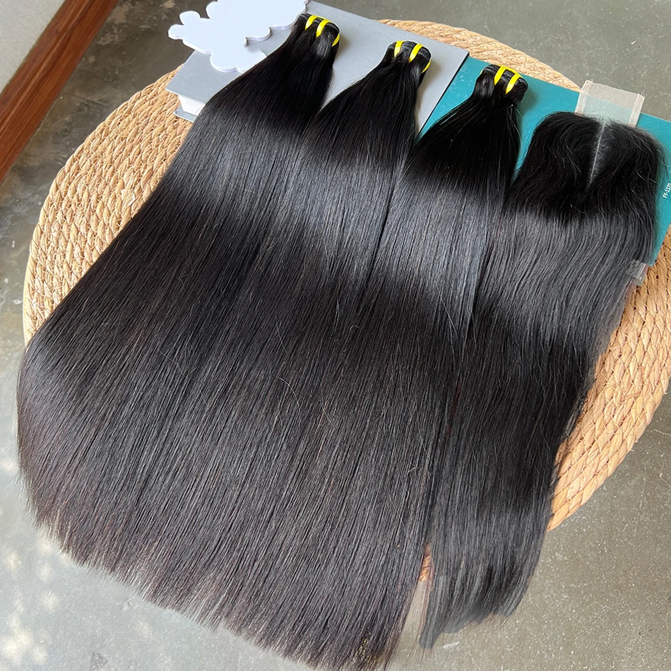 Bone Straight Double Drawn Human Hair Bundles With 2x6 Transparent Lace Closure Bleached Knots 100% Human Hair Weave Extensions