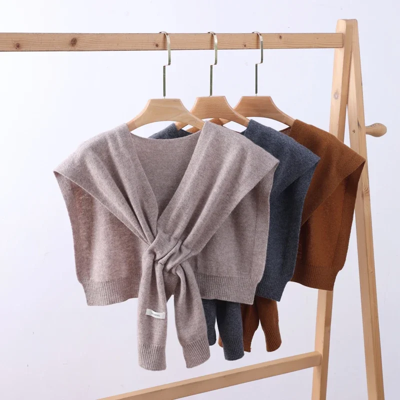 Women 100% Pure Wool Tie Front Shrug With Tag Hole Design Knit Shoulder Wrap Soft Air Condition Shawl Casual Dress Outerwear