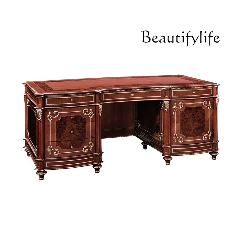 R European Classical Solid Wood Carving Flower Office Desk Boss Table, Villa Large Household Bookcase Desk