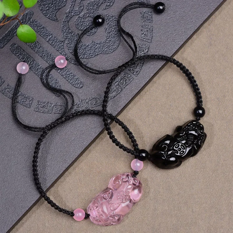 

Natural Strawberry Crystal Obsidian Pixiu Accessories DIY Bracelet Women Jade Bangle Amulet Gift Handmade Sterling Jewelry