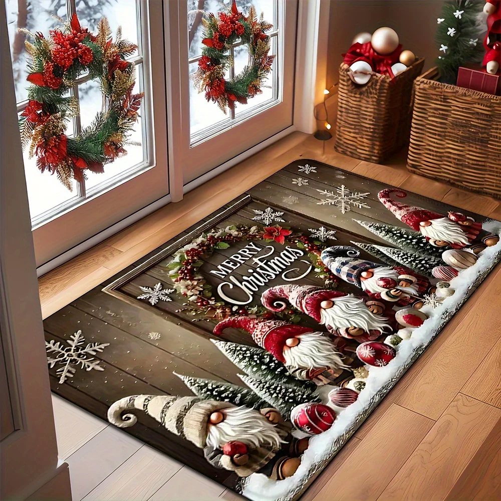 VIKAMA Christmas Doormat Non‑Slip Front Door Rug Washable Indoor Outdoor Xmas Gnome Winter Wooden‑Look Home Decor Mat
