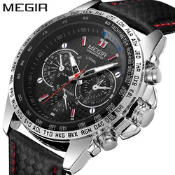 MEGIR 1010 Men Quartz Watch Creative Unique Cool Leisure Black Leather Strap Wrist Watches for Male Boy Clock Gift