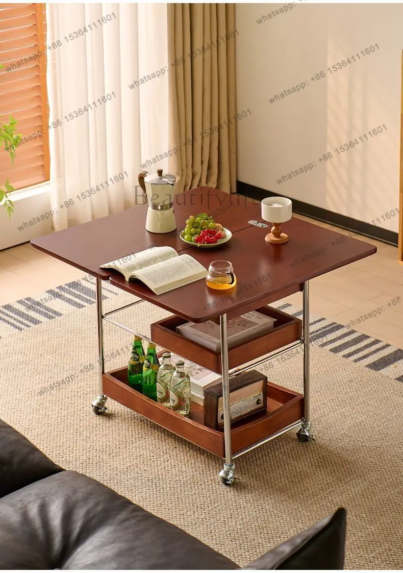 Solid wood coffee table trolley foldable movable rectangular medieval edge table stainless steel movable