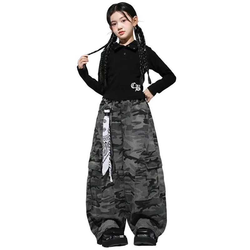 Dziecięca odzież Kpop Hip Hop Czarna bluza z kapturem Krótka koszulka T-shirt Kamuflażowy styl casualowy Uliczny styl Spodnie cargo z zakrzywionymi nogawkami dla dziewczynki Stroje do tańca Ubrania