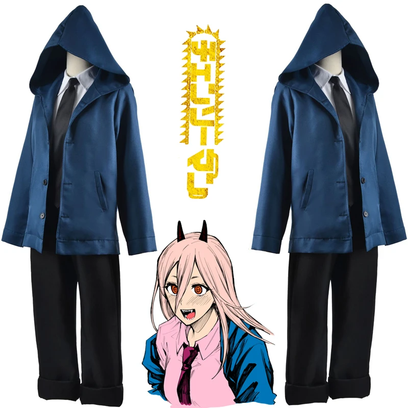 Anime Power Cosplay Chainsaw Man Costume Women Blue Casual Outfits Jacket Pants Suit Red Hairpin Blood Devil Halloween Party Set