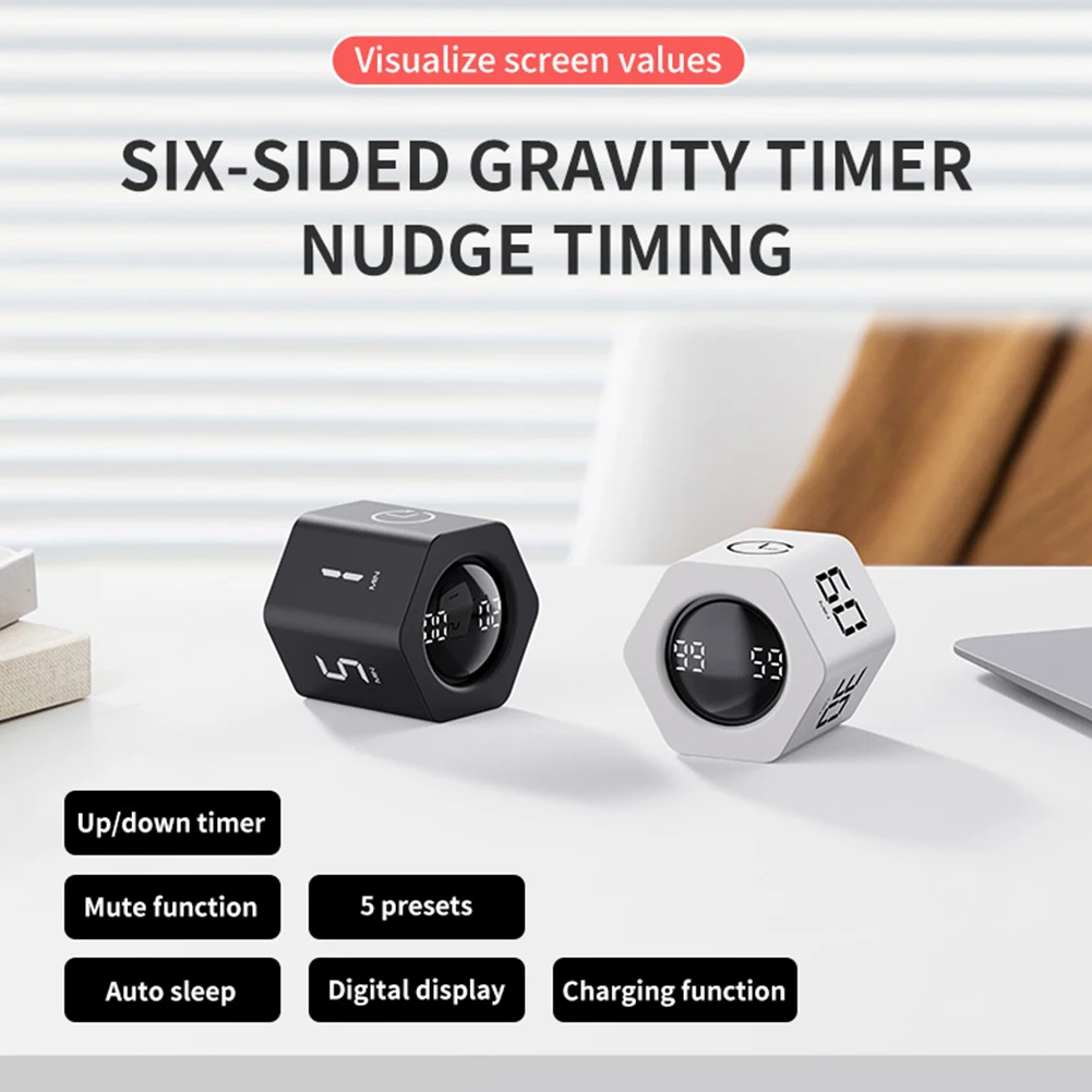 Productivity Cube Timer Gravity Sensor 5 Preset Time Rotating Pomodoro Timer Cube Countdown Stopwatch for Office ADHD Study Work