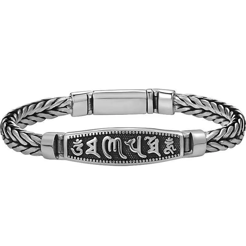 Wholesale S925 Silver Bracelet Men's Six-Character Mantra Woven Thai Silver Ladies Retro Vintage Jewelry Bangle Birthday Gift