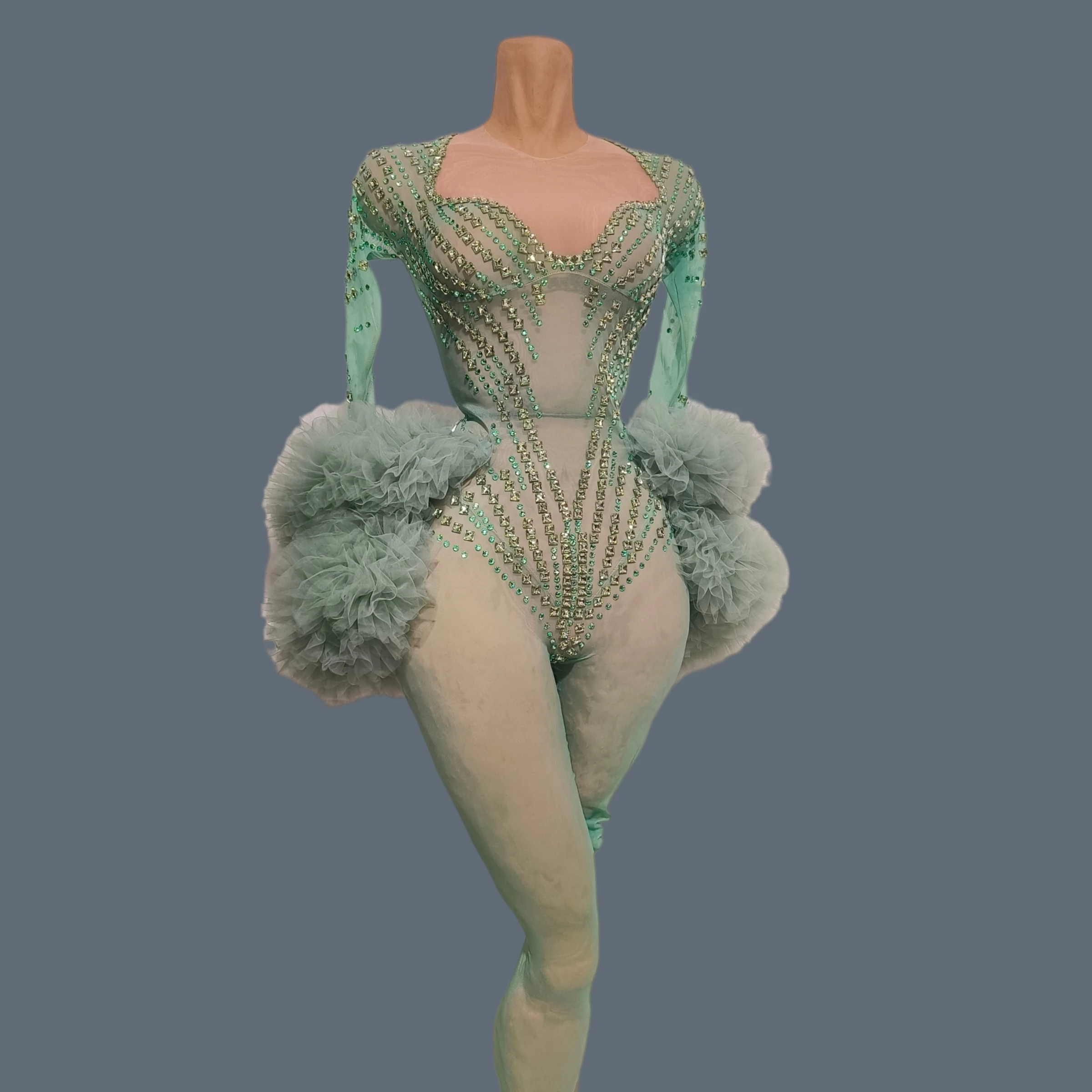 

Sexy Women Sparkly Green Rhinestone Tight Fitting Jumpsuit See Through Mesh Tulle Puff Sleeve Show Outfit Party Club Wear Zhusun