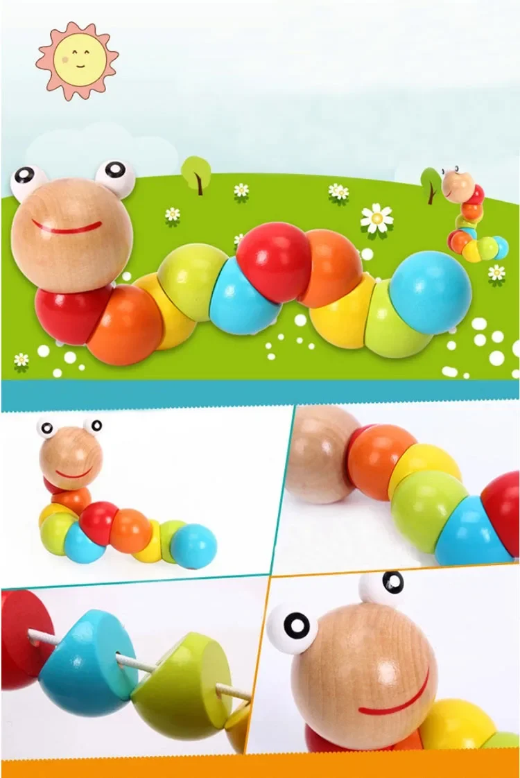 New Rainbow Worm Twist Puppet Cognition Fun Educational Toys Changeable Shape Wooden Blocks Kids Colorful Caterpillar Baby Toy