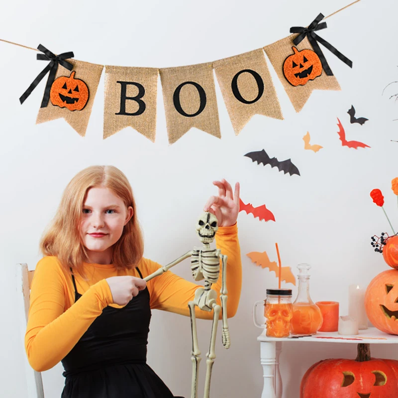 Halloween Burlap Banner BOO Pumpkin Bunting Flag Rustic Hanging Garland for Home Fireplace Halloween Party Decoration Supplies