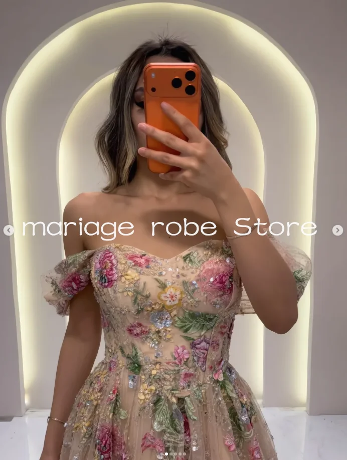 Sparkly Floral Champagne Beach Wedding Dresses Off Shoulder Flow Summer Holiday Bride Reception Second Gown Outfit Customized