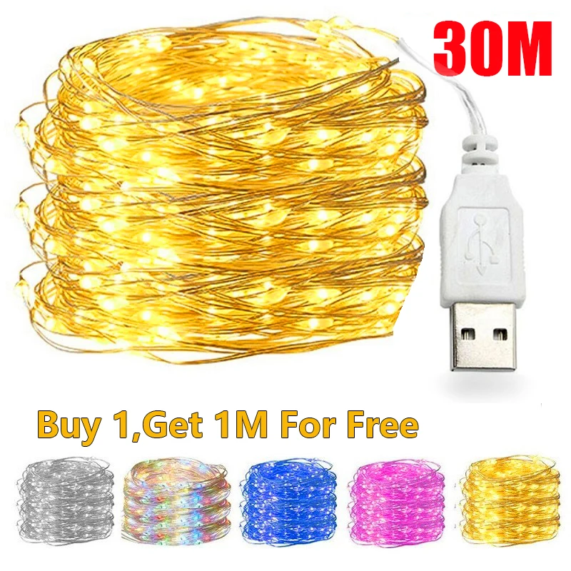 10/20/30M USB LED String Lights Copper Silver Wire Garland Light Waterproof Fairy Lights Party Decoration For Christmas Wedding