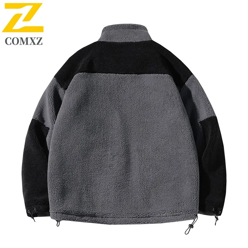 COMXZ 2025 Autumn Winter Men's Sherpa Lined Color Block Stand Collar Parka Coat Korean Style Streetwear Loose Fit Plus Size