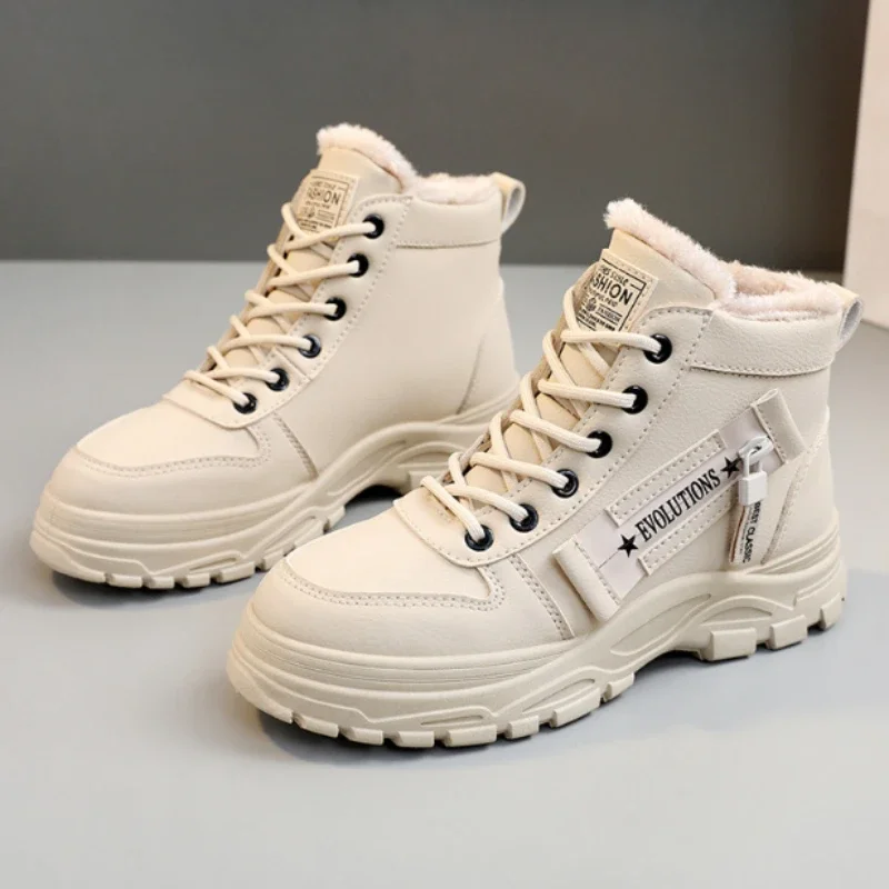 New 2024 Women Platform Lace Up Boots Casual Side Zipper Plush Lined Boots Comfortable Winter Ankle Boots Large Size 45