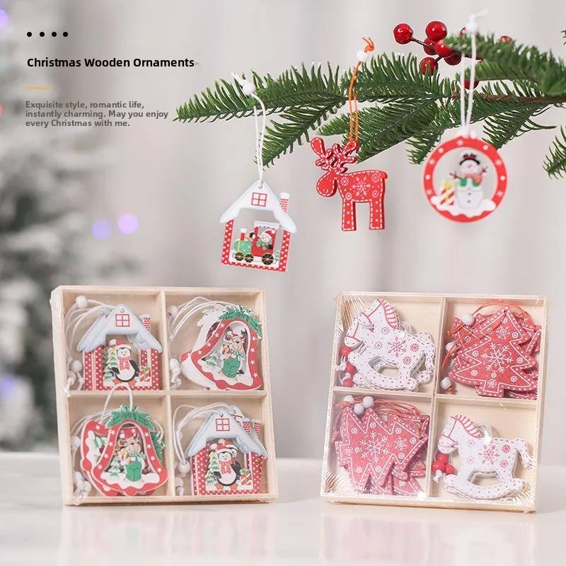 クリエイティブなクリスマスデコレーション木製吊り下げ飾りクリスマスツリー鹿塗装木製ボックスギフト高級美術品