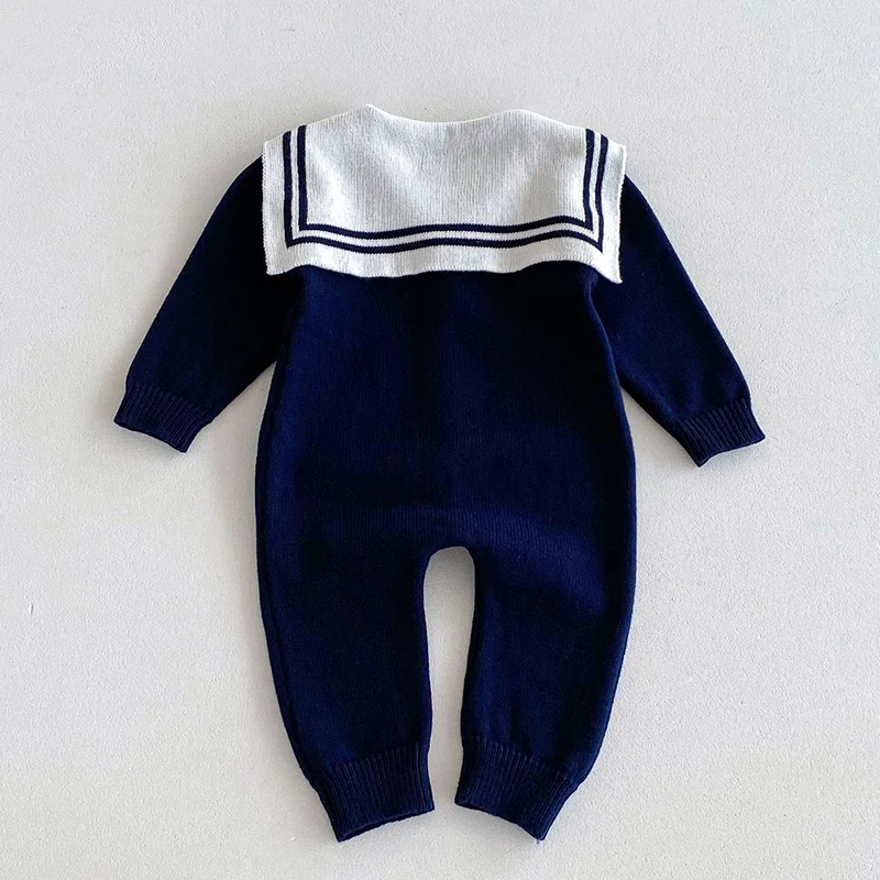 2024 New Autumn Children Clothes Infant Baby Girls Knitted Jumpsuit Long Sleeved Stripes Navy Style Toddler Baby Girl Romper