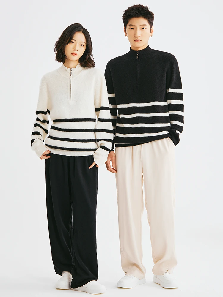 

Couple Outfit Autumn Winter 100% Pure Wool Cardigan Sweater Half-Zip Collar High Loose Quality Stripes Knit Sweater For Couples