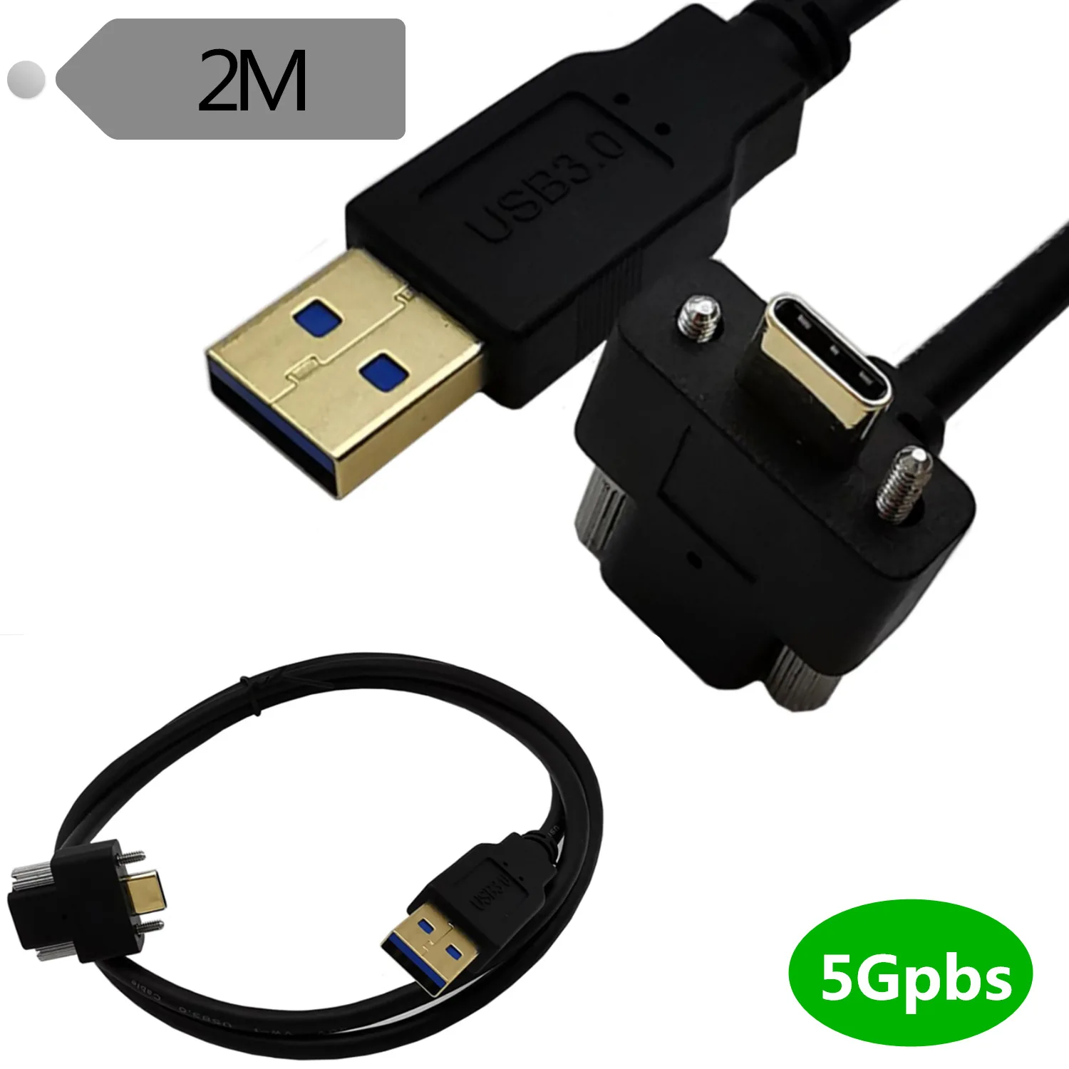 Gold-Plated USB 3.0 A Male To USB 3.1 Type C with Screws Industrial Camera Lock Flat Panel Charging Cable 30cm 1m 2m