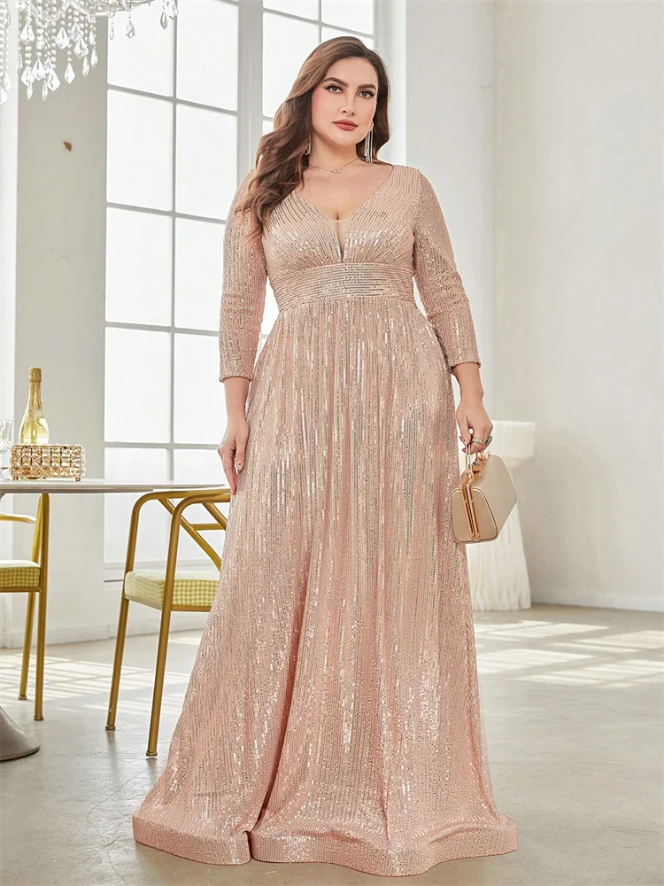 

Plus Size Luxury V-Neck Long Sleeves Sequins Evening Dresses Elegant Women Wedding Party Prom Maxi Cocktail Gowns