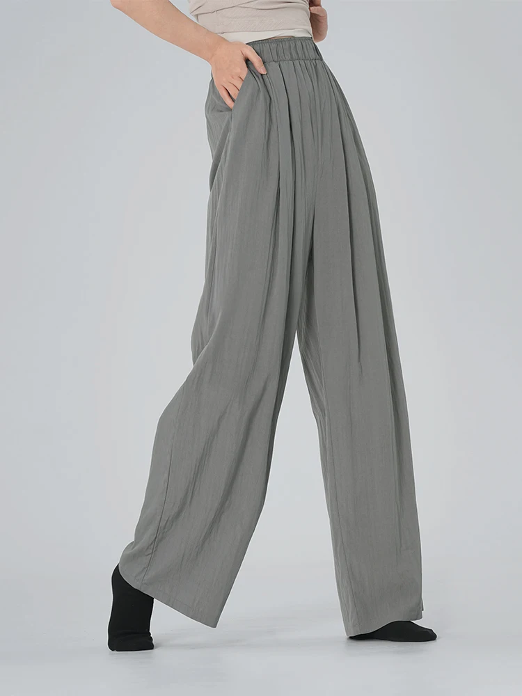 Ivoogle Adult Off-The-Shoulder Ruched Mesh Top with Stacked Sleeve Natural Pleated Loose Straight Leg Ballet Trousers Casual Set