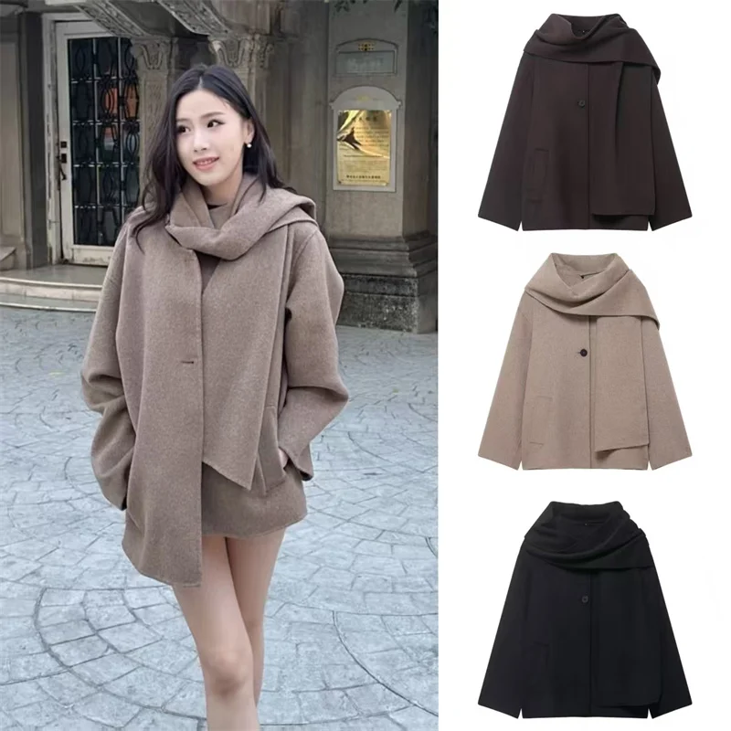 

Women's Coat 2025 Winter New Style Solid Color Long-Sleeve Blended Fabric with Scarf Decoration Simple Loose Short Coat Unique