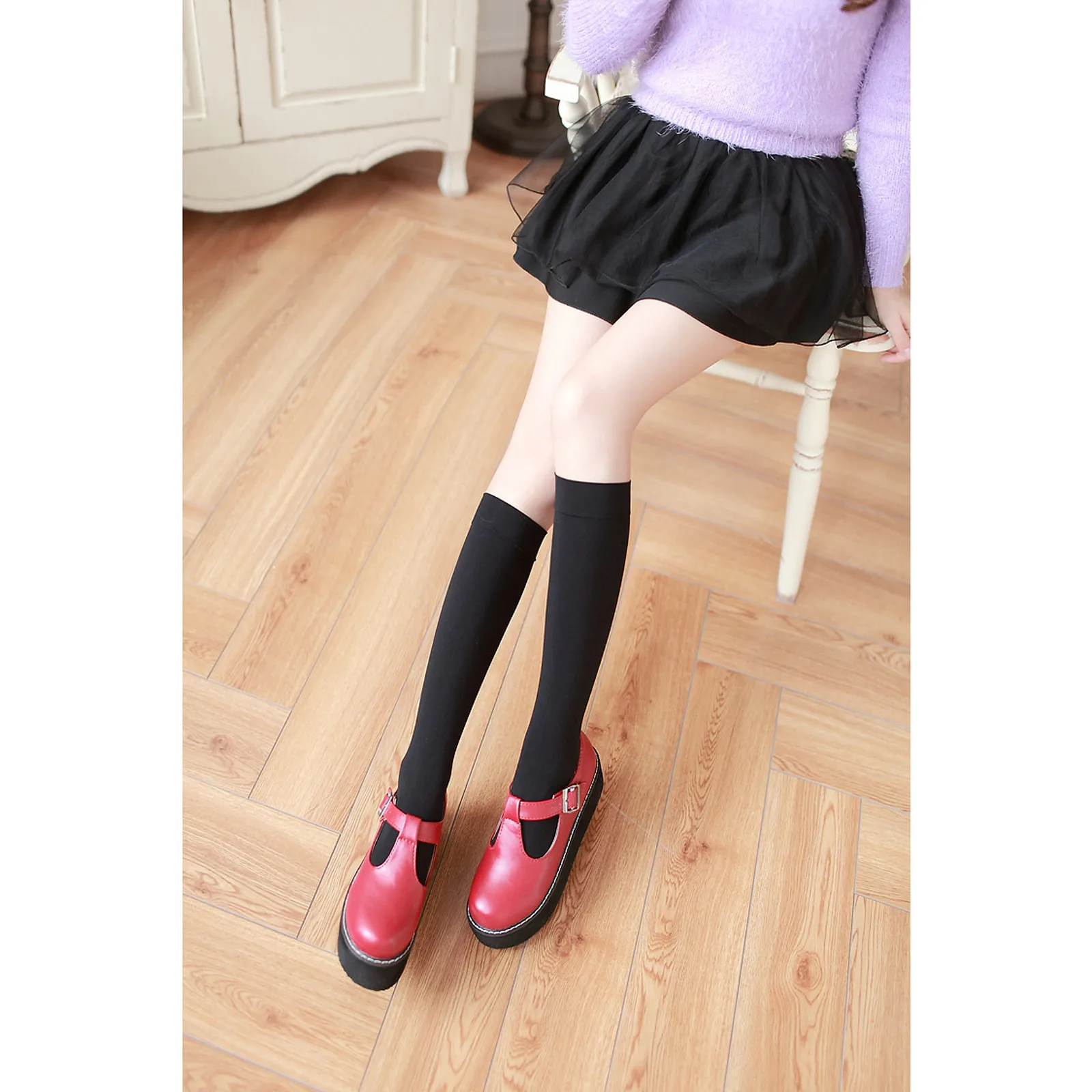 ผู้หญิงนุ่มเข่าสูงถุงน่องสีดําสีขาวถุงเท้ายาวไม่กลิ่นถุงน่องสําหรับสุภาพสตรีหญิงอบอุ่นเข่าถุงเท้า Calcetines